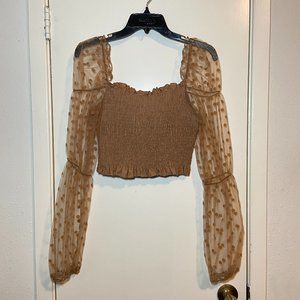 tan mesh sleeve shirred top